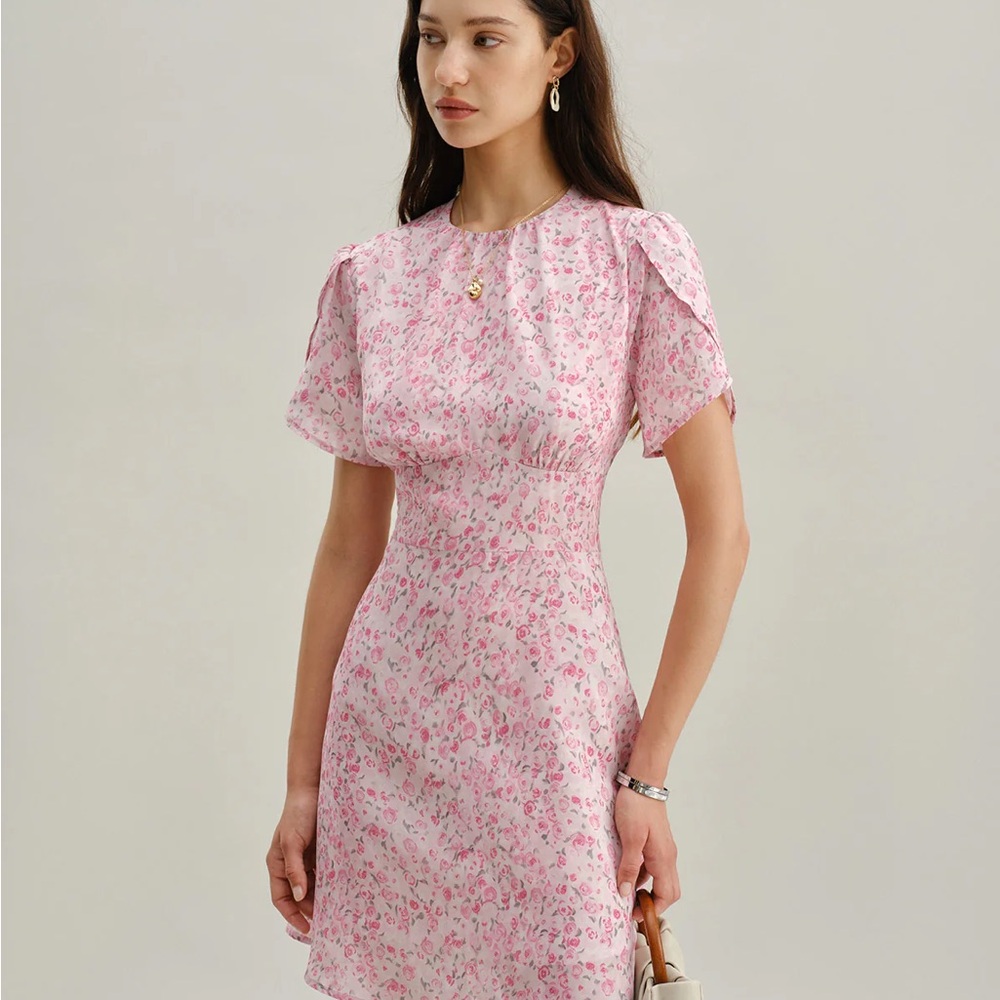 Pink Floral Round Neck Pleated Mini Dress - Picture 1 of 8